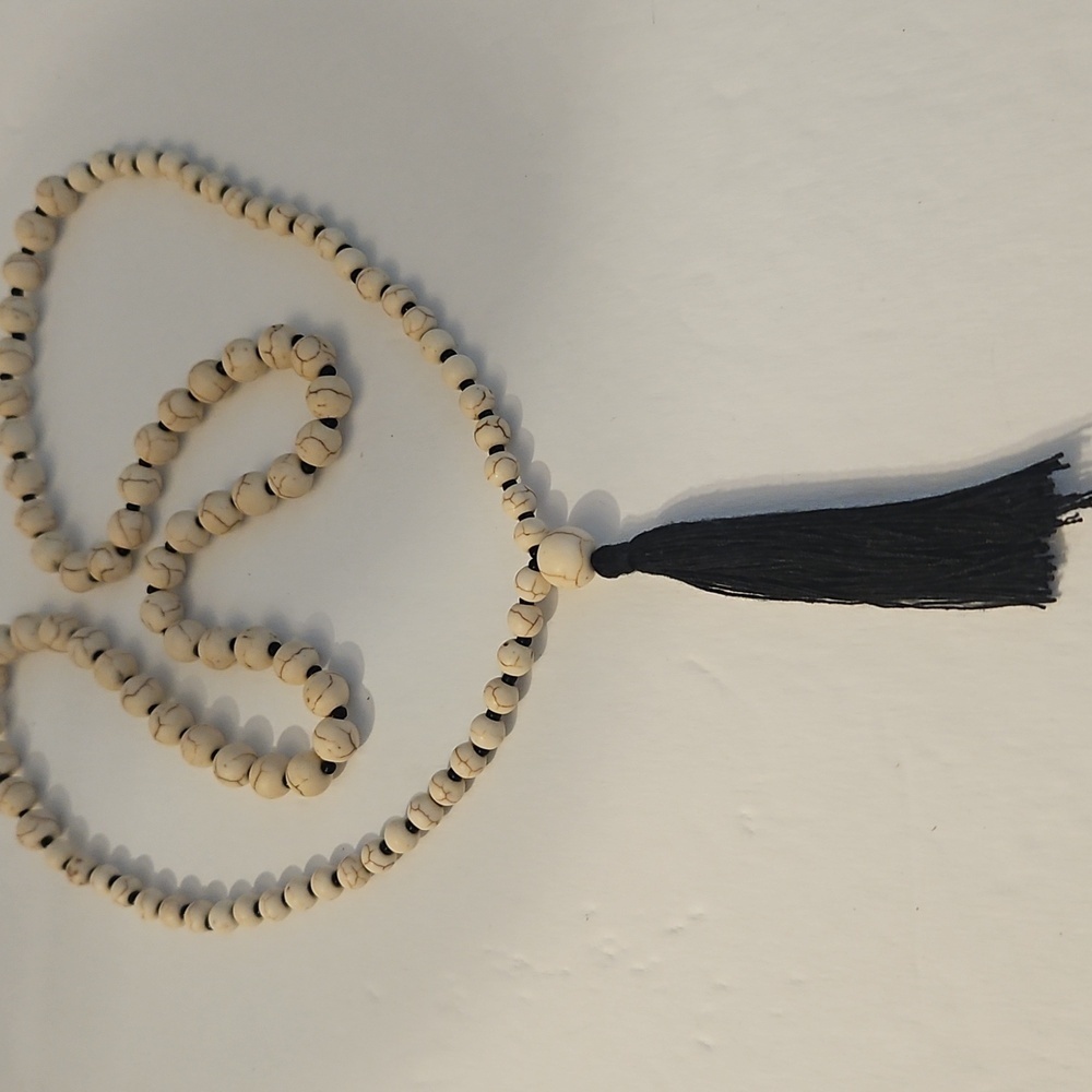 28" Magnesite Beaded w/ Black AB Seed Beads & 3" Black Tassel